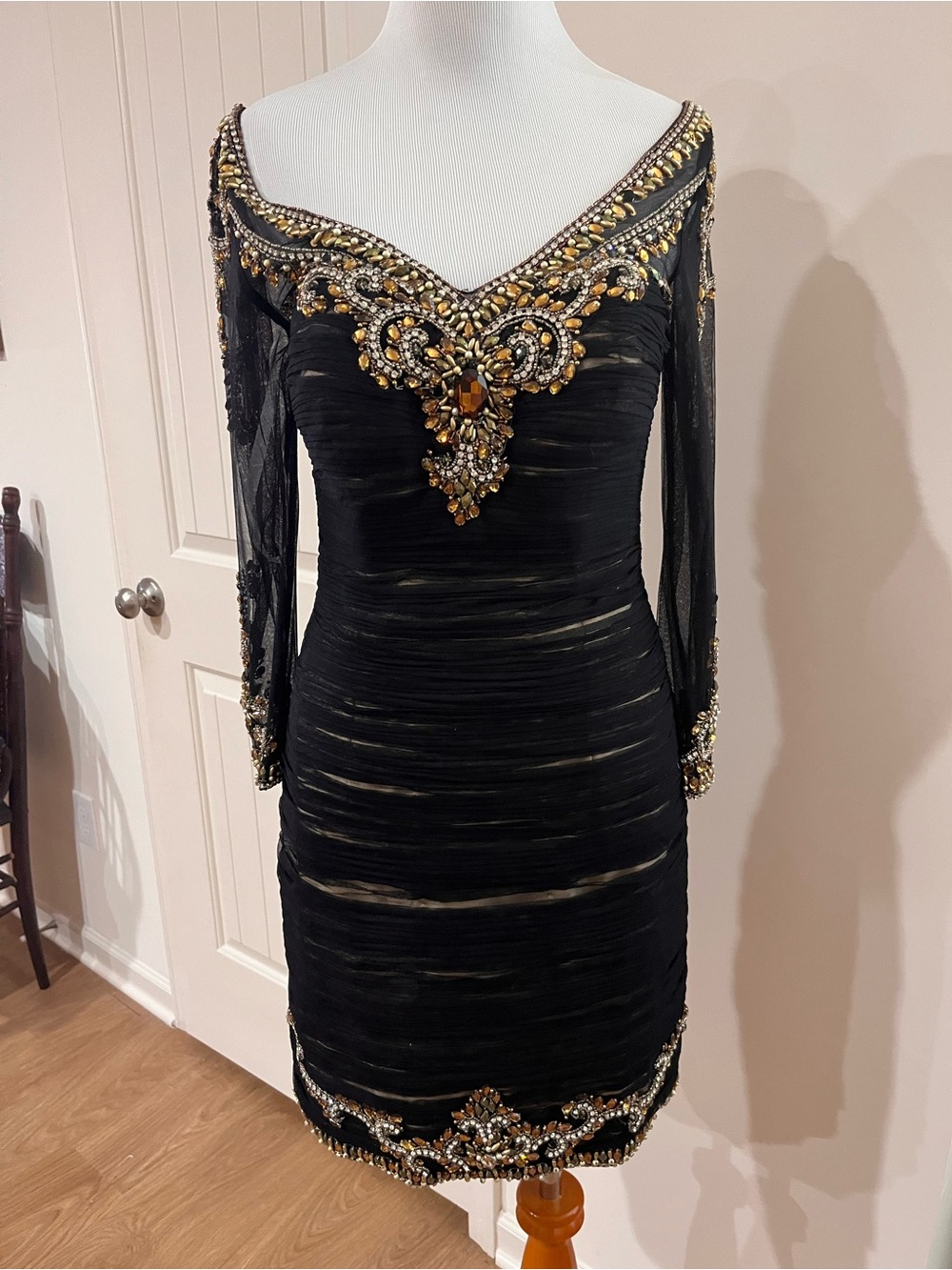 Terani Couture Black Cocktail Dress with Gold Embellishments